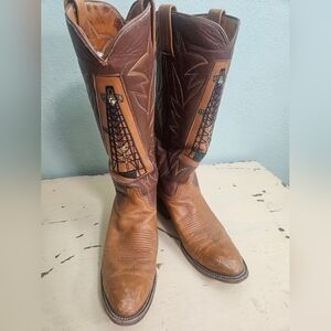 Vtg Laramie Hand Made Leather Western Cowboy Boots with Oil Rig Inlay